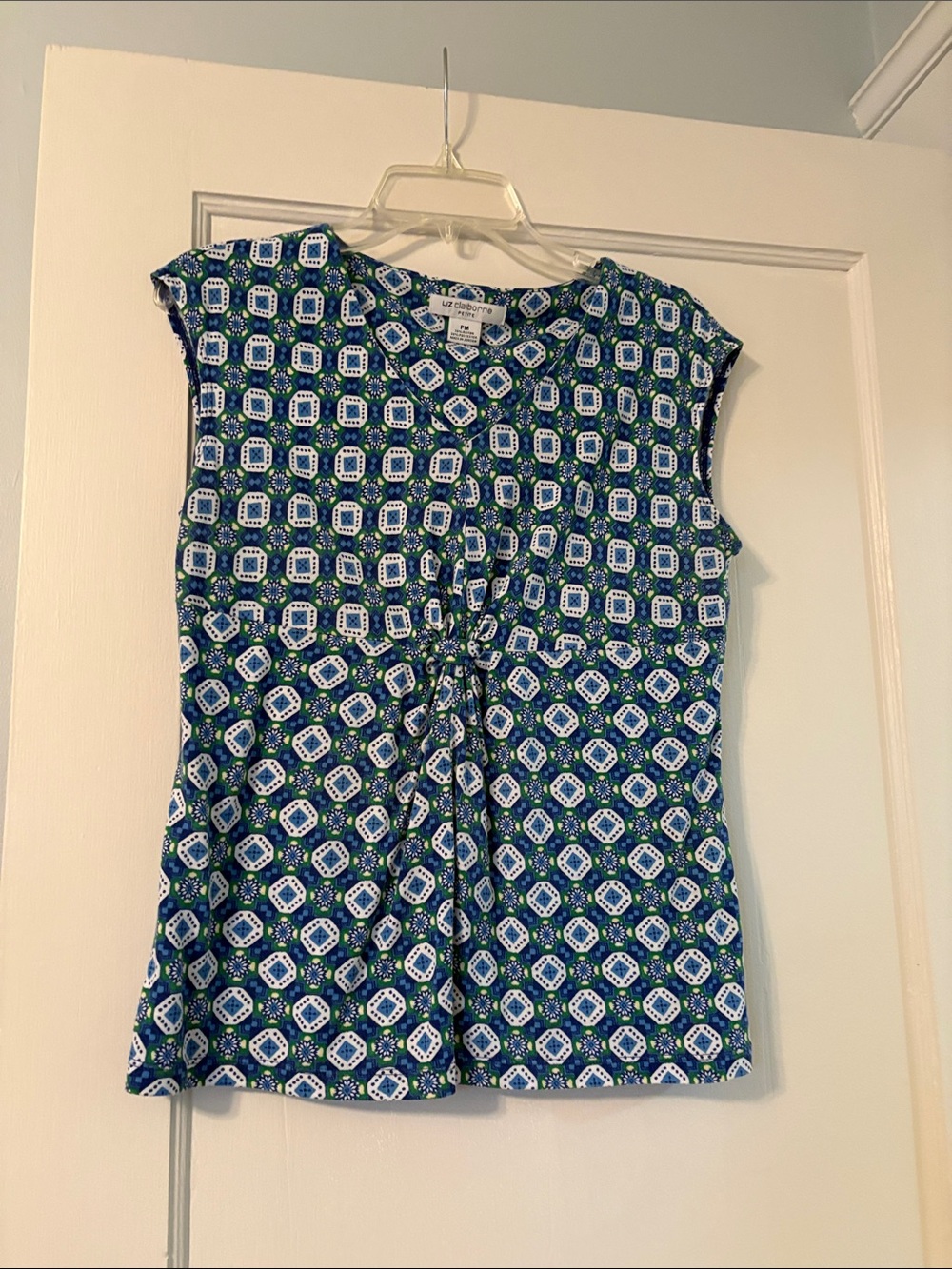 Liz Claiborne Blue Green Geometric Tie-Front Cap Sleeve Top
